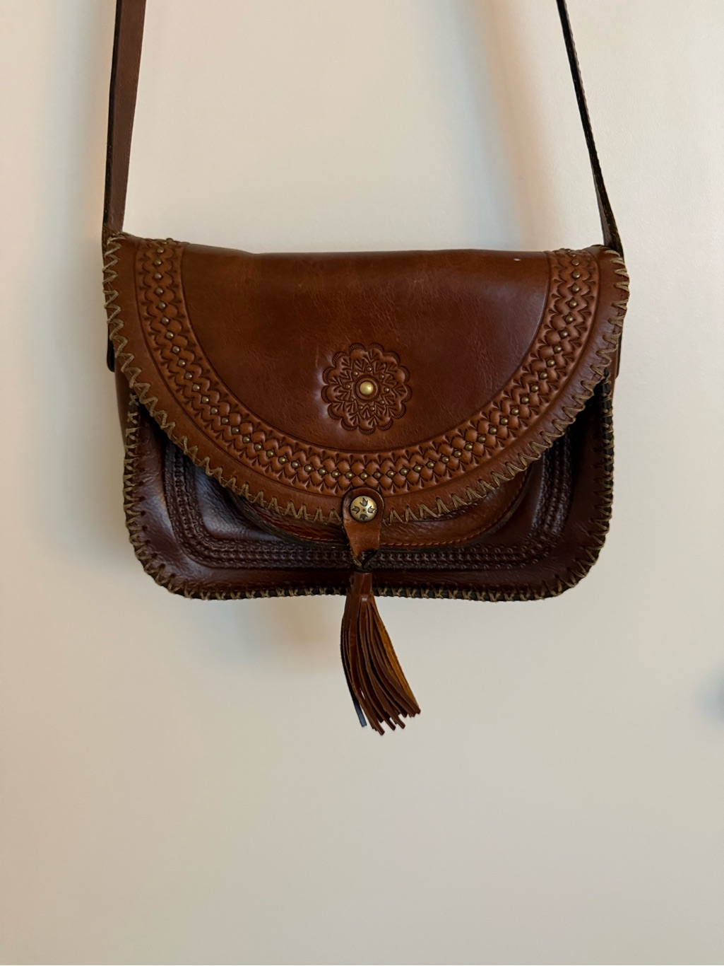 Handcrafted Patricia Nash Brown Leather Crossbody Bag With Tassel